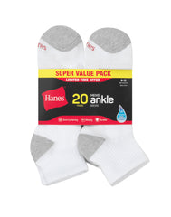 Hanes Men's Cushioned Ankle Socks Pack, 20 Pairs, Moisture Wicking
