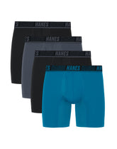 Hanes Moves Ultimate Men's Anti-Chafe Boxer Brief Underwear, X-Temp, Black/Grey/Ocean Blue, 4-Pack, 6"