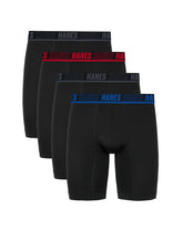 Hanes Moves Ultimate Men's Anti-Chafe Long Leg Boxer Brief Underwear, X-Temp, 4-Pack, Black, 8"