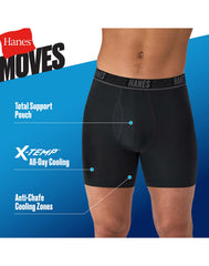 Hanes Moves Ultimate Men's Anti-Chafe Boxer Brief Underwear, Total Support Pouch, X-Temp, Black, 4-Pack, 6"