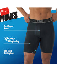 Hanes Moves Ultimate Men's Anti-Chafe Long Leg Boxer Brief Underwear, Total Support Pouch, X-Temp, 4-Pack, 8"