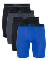 Hanes Moves Ultimate Men's Anti-Chafe Long Leg Boxer Brief Underwear, Total Support Pouch, X-Temp, Black/Grey/Blue, 4-Pack, 8"
