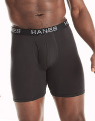 Hanes Ultimate Comfort Flex Fit Total Support Pouch Men's Long Leg Boxer Brief Underwear, Black/Grey, 4-Pack