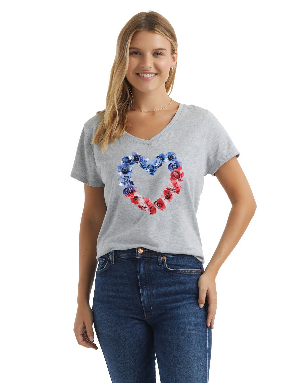 Hanes Women's V-Neck Graphic T-Shirt, Stars & Stripes Floral Heart