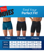 Hanes Moves Ultimate Men's Anti-Chafe Long Leg Boxer Brief Underwear, Total Support Pouch, X-Temp, Black/Grey/Blue, 4-Pack, 8"