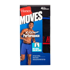 Hanes Moves Ultimate Men's Anti-Chafe Long Leg Boxer Brief Underwear, X-Temp, 4-Pack, Black, 8"