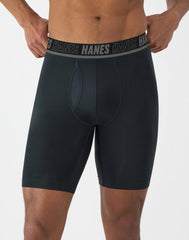 Hanes Moves Ultimate Men's Anti-Chafe Long Leg Boxer Brief Underwear, Total Support Pouch, X-Temp, Black/Grey/Blue, 4-Pack, 8"