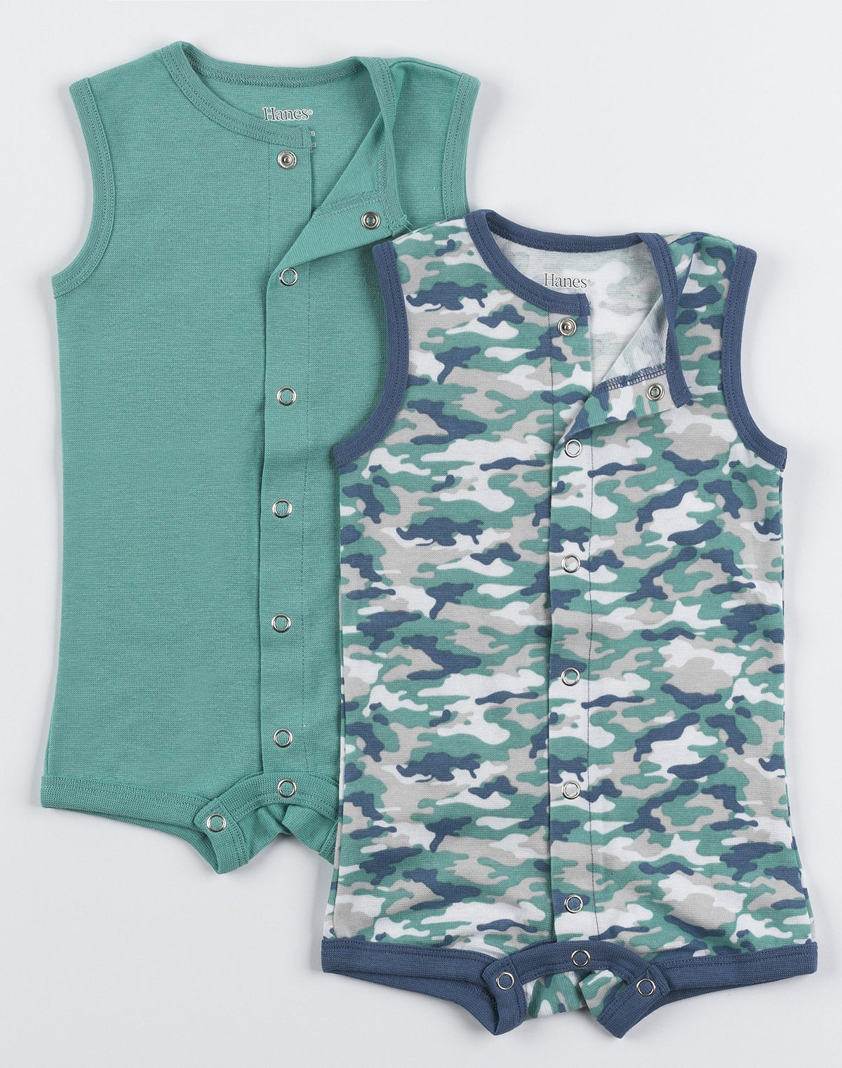 Hanes Flexy Baby Knit Sleeveless Rompers, Full-Snap & 4-Way Stretch, Boys & Girls, 2-Pack