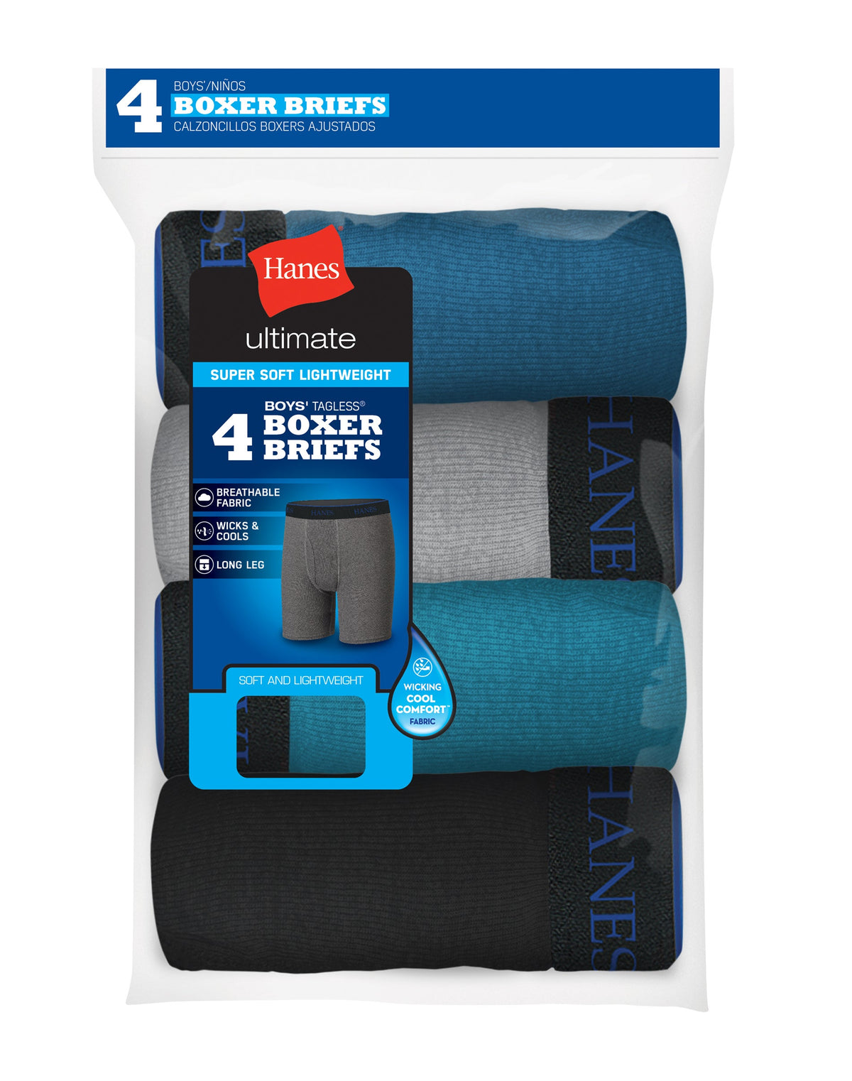 Hanes Ultimate Boys' Lightweight Long Leg Boxer Briefs 4-Pack