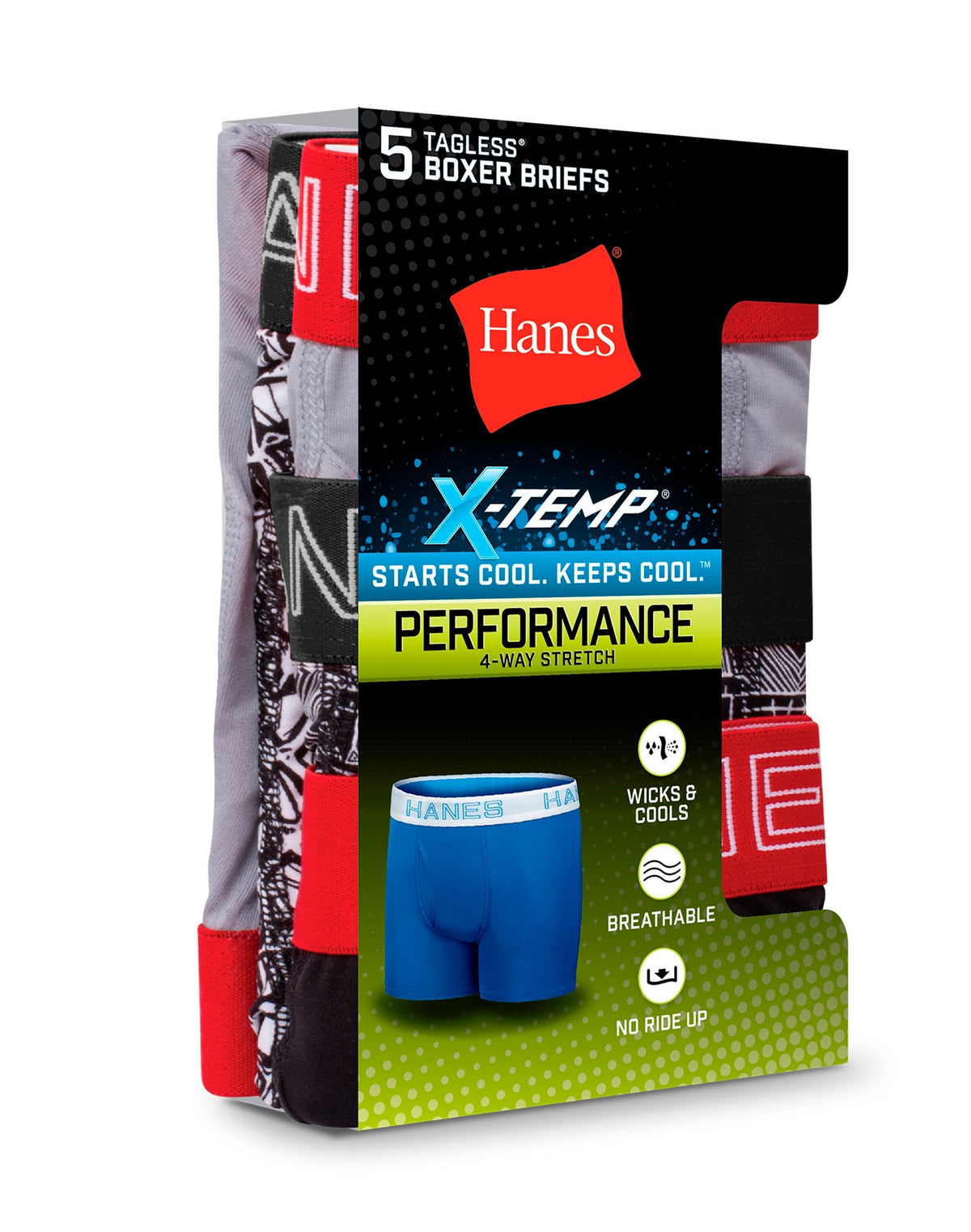 Hanes X-Temp Boys' Performance Boxer Brief Underwear, Assorted Grey/Black/Prints, 5-Pack
