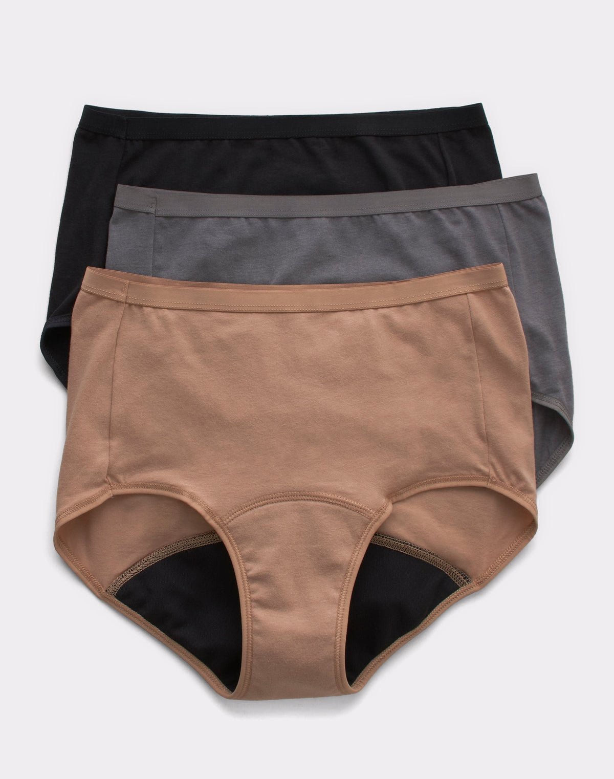Hanes Comfort, Period. Women's Brief Period Underwear, Moderate Leaks, Neutrals, 3-Pack