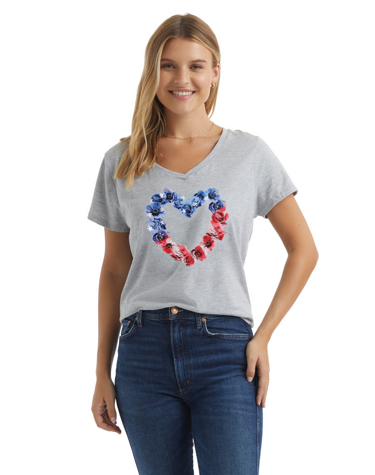 Hanes Women's V-Neck Graphic T-Shirt, Stars & Stripes Floral Heart