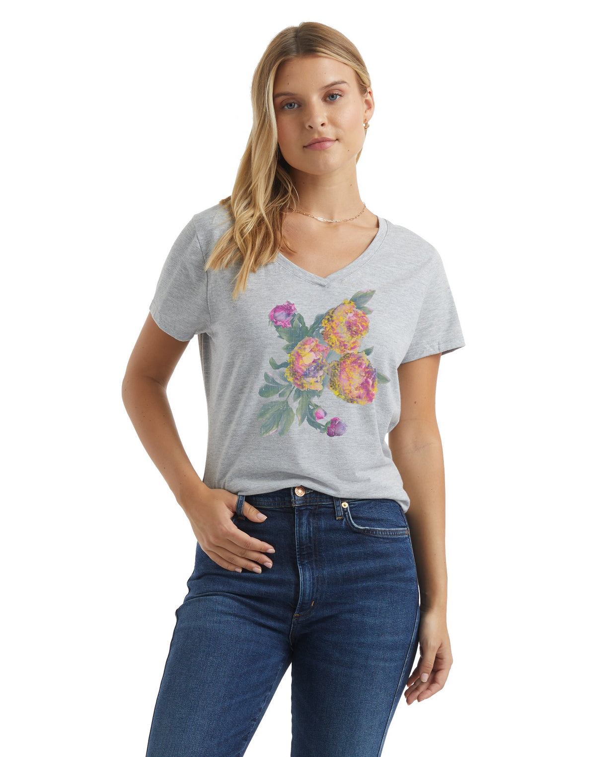 Hanes Women's V-Neck Graphic T-Shirt, Luscious Peonies