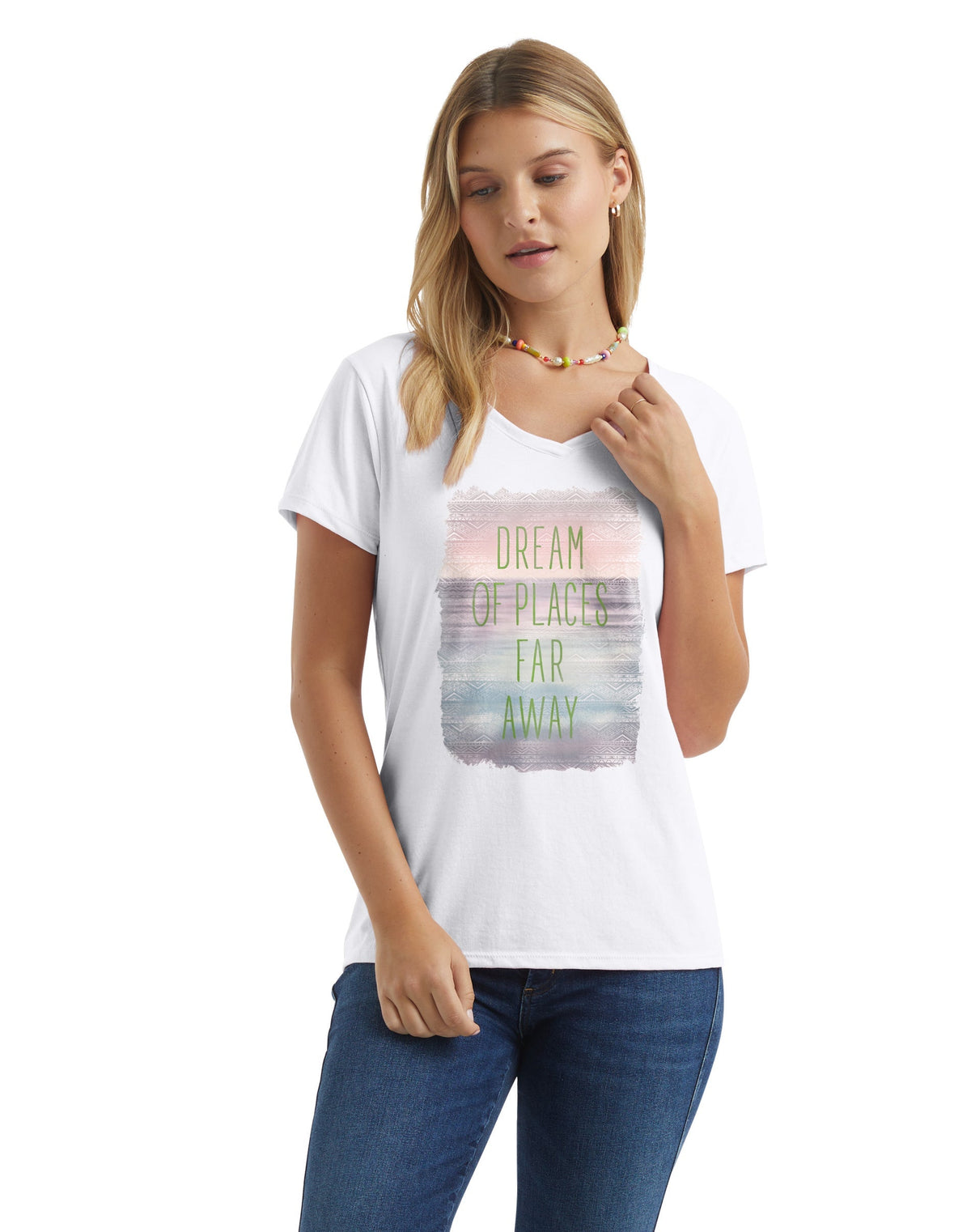 Hanes Women's V-Neck Graphic T-Shirt, Dream of Places Far Away