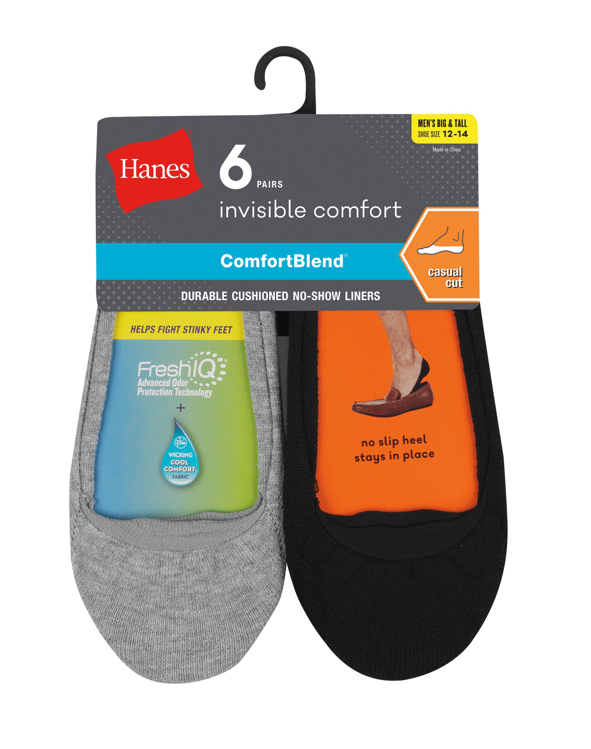 Hanes Men's ComfortBlend Big and Tall Cushioned No Show Liner Socks Casual Cut 6-Pack