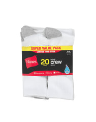 Hanes Men's Cushioned Crew Socks Pack, 20 Pairs, Lightweight, Moisture Wicking