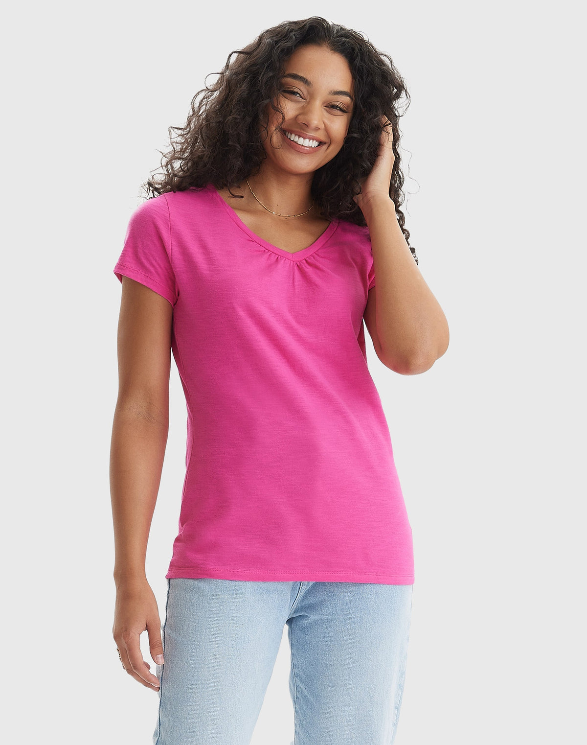 Hanes Women's Slub Jersey Shirred V-Neck T-Shirt