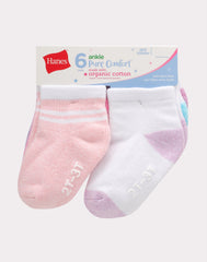 Hanes Pure Comfort Infant/Toddler Girls' Ankle Socks, Organic Cotton, 6-Pairs