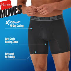 Hanes Moves Ultimate Men's Anti-Chafe Boxer Brief Underwear, X-Temp, Black/Grey/Ocean Blue, 4-Pack, 6"