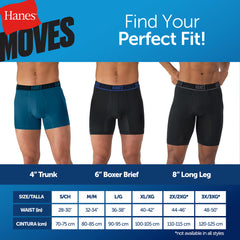 Hanes Moves Ultimate Men's Anti-Chafe Boxer Brief Underwear, X-Temp, Black/Grey/Ocean Blue, 4-Pack, 6"