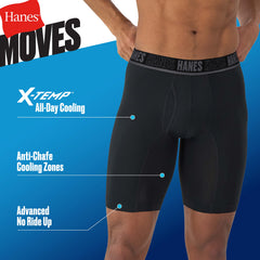 Hanes Moves Ultimate Men's Anti-Chafe Long Leg Boxer Brief Underwear, X-Temp, 4-Pack, Black, 8"