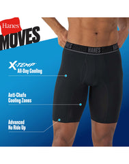 Hanes Moves Ultimate Men's Anti-Chafe Long Leg Boxer Brief Underwear, Total Support Pouch, X-Temp, Black/Grey/Blue, 4-Pack, 8"