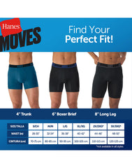 Hanes Moves Ultimate Men's Anti-Chafe Long Leg Boxer Brief Underwear, Total Support Pouch, X-Temp, Black/Grey/Blue, 4-Pack, 8"