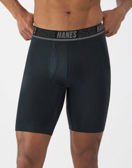 Hanes Moves Ultimate Men's Anti-Chafe Long Leg Boxer Brief Underwear, Total Support Pouch, X-Temp, Black/Grey/Blue, 4-Pack, 8"