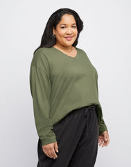 Hanes Originals Women's Long Sleeve Cotton T-Shirt, Raw Edge V-Neck (Plus Size)