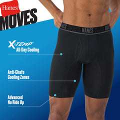 Hanes Moves Ultimate Men's Anti-Chafe Long Leg Boxer Brief Underwear, X-Temp, 4-Pack, Black, 8"