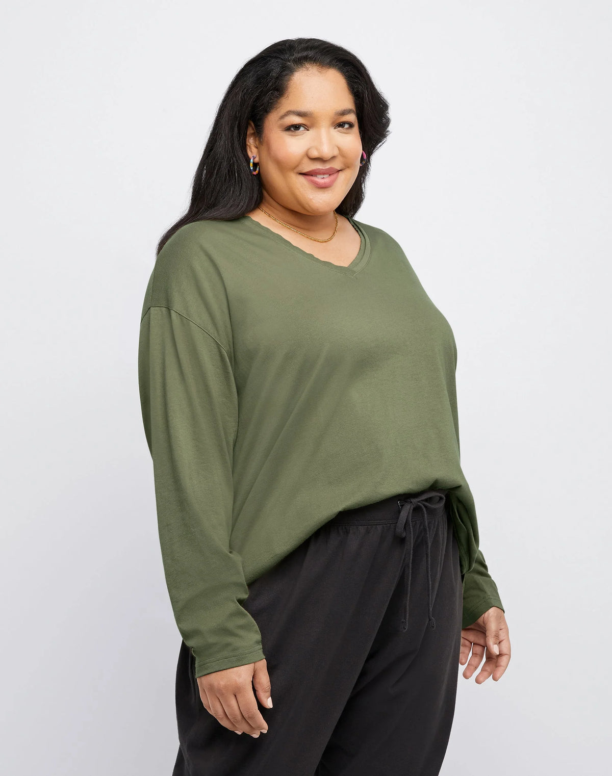 Hanes Originals Women's Long Sleeve Cotton T-Shirt, Raw Edge V-Neck (Plus Size)