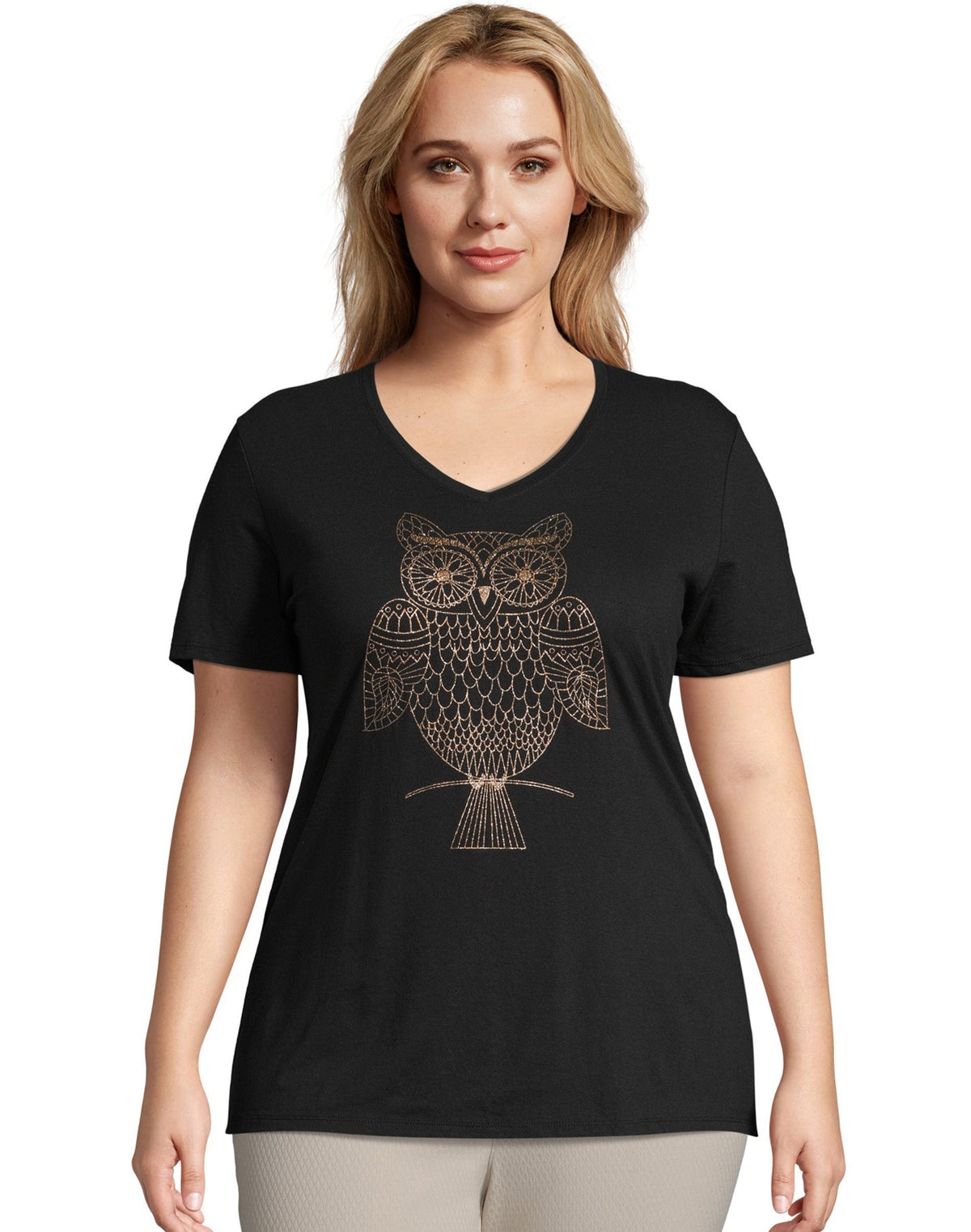 Hanes Just My Size Women's V-Neck Graphic T-Shirt, Glitter Owl (Plus Size)